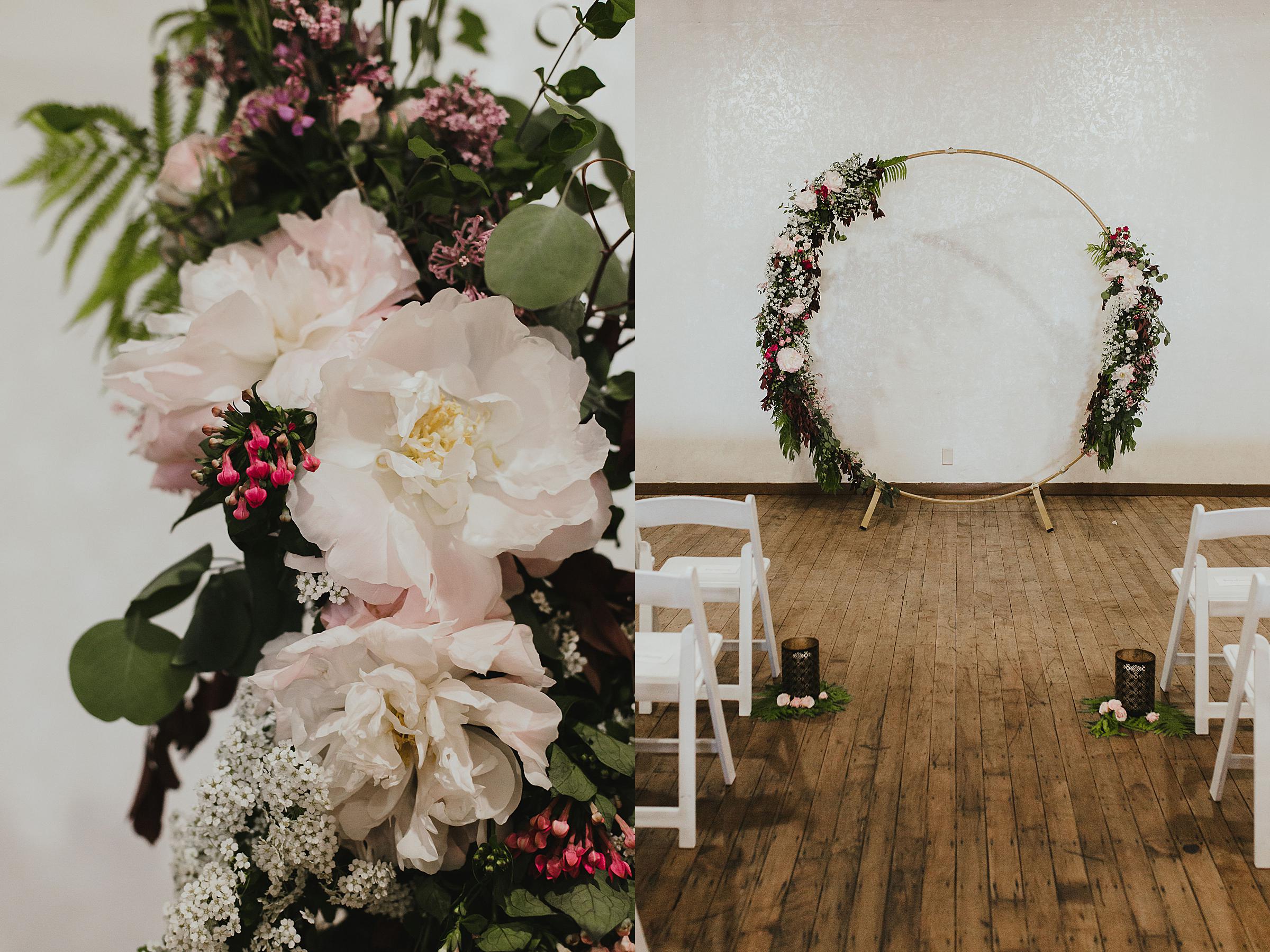 Omaha Wedding; Ceremony Details at Vintage Ballroom in the Old Market; Florals by One & Only; Photographed by Juliana Montane Photography