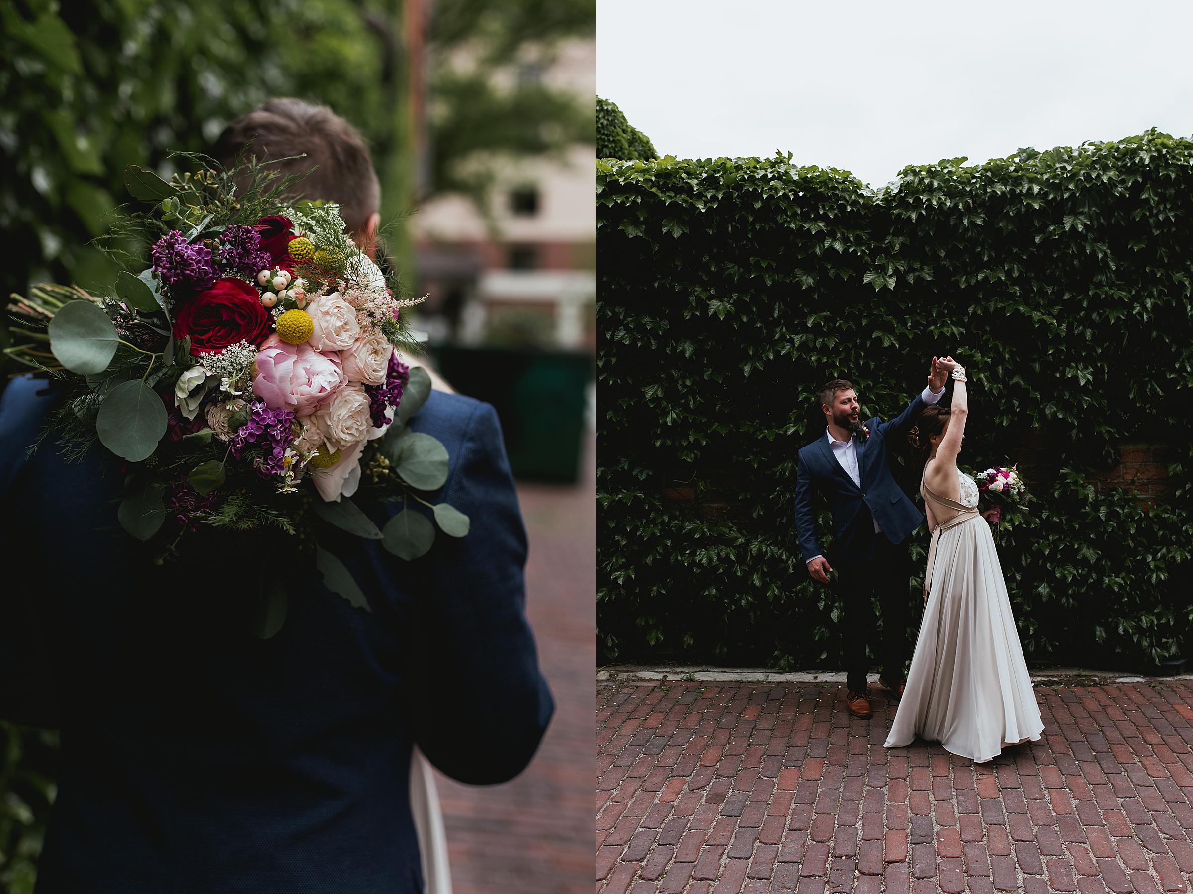 Omaha Wedding; Bridal & Groom Portraits in the Old Market; Florals by One & Only; Photographed by Juliana Montane Photography