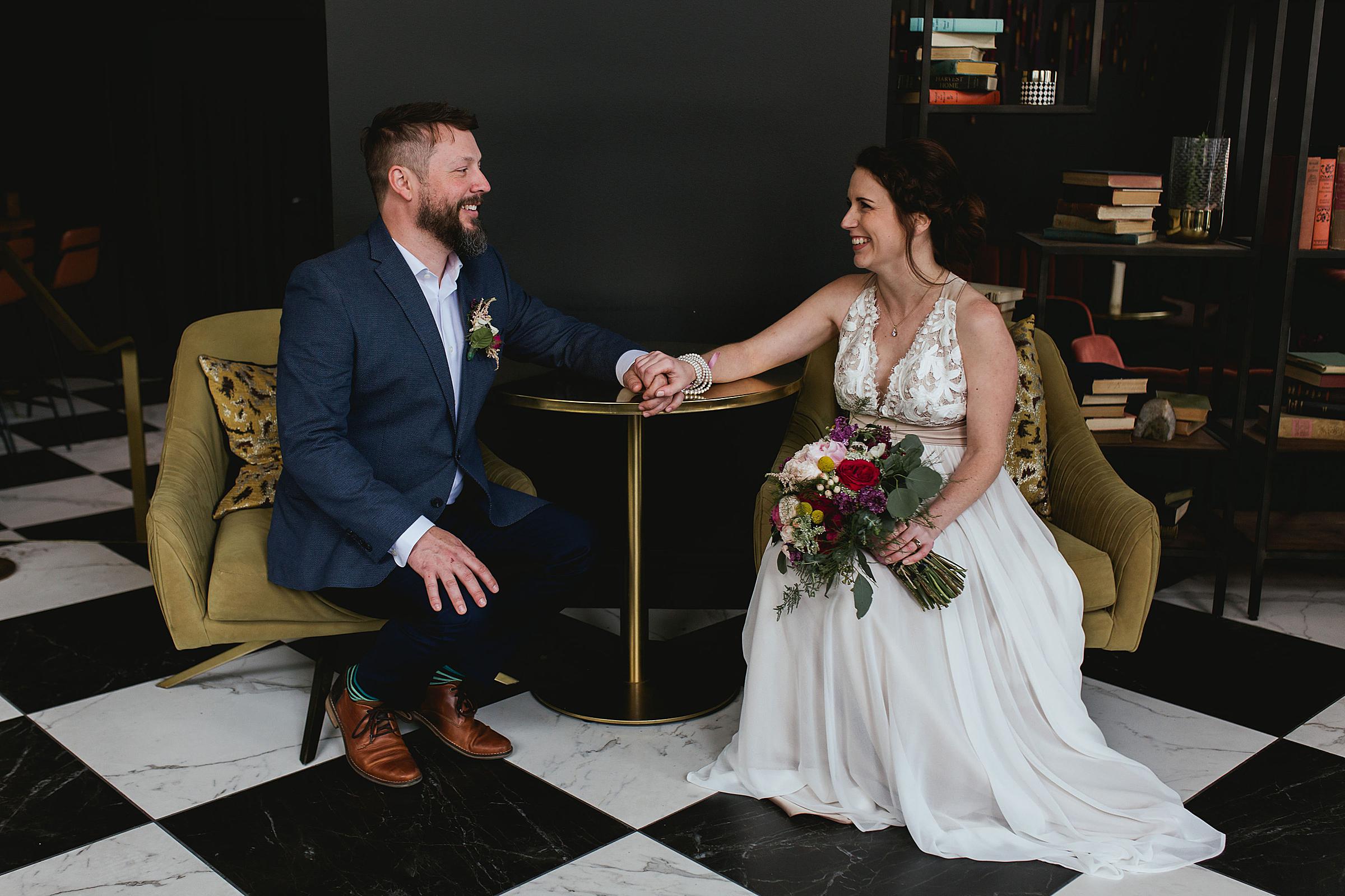 Omaha Wedding; Bridal & Groom Portraits at Hotel Deco; Florals by One & Only; Photographed by Juliana Montane Photography
