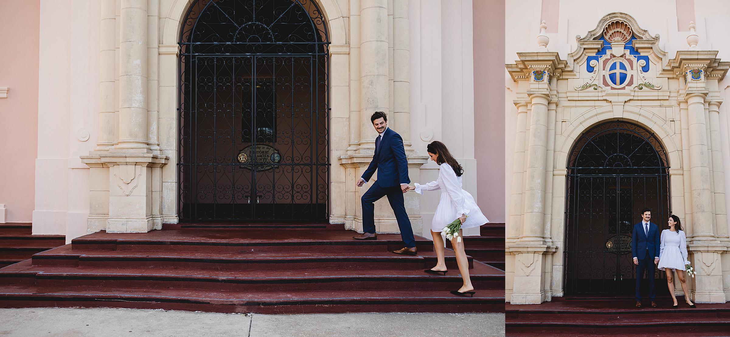 couple walking up steps to Sarasota Courthouse, Sarasota Courthouse wedding