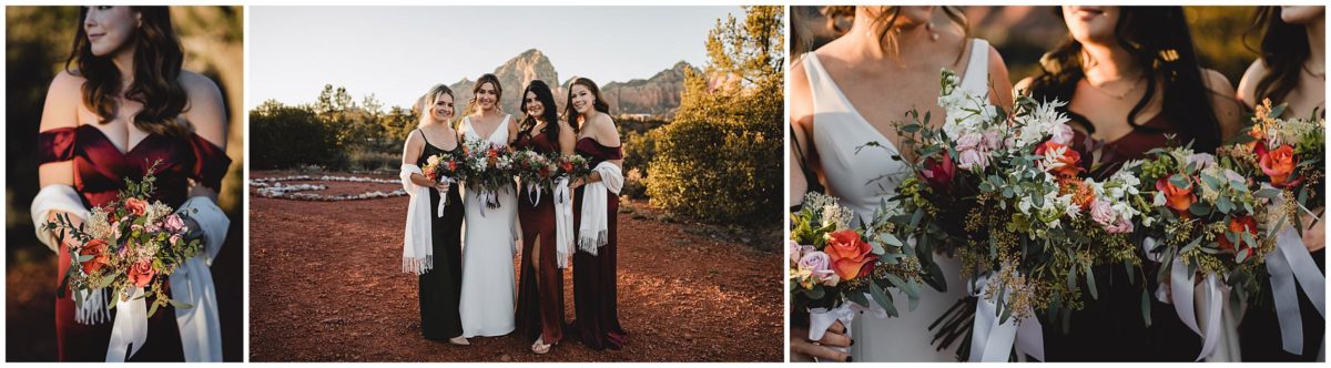 bride with bridesmaids with warm tone flower bouquets at sedona destination wedding, juliana montane photography