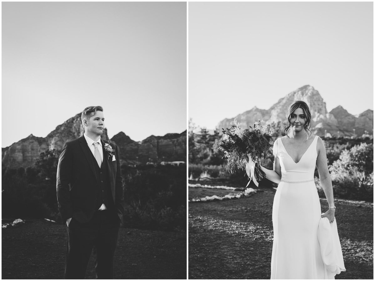 black and white photo of bride and groom at destination wedding in sedona, juliana montane photography