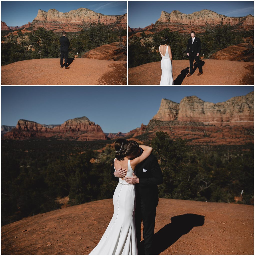 bride and groom first look at Bell Rock in sedona arizona, destination wedding in sedona, destination wedding photographer, juliana montane
