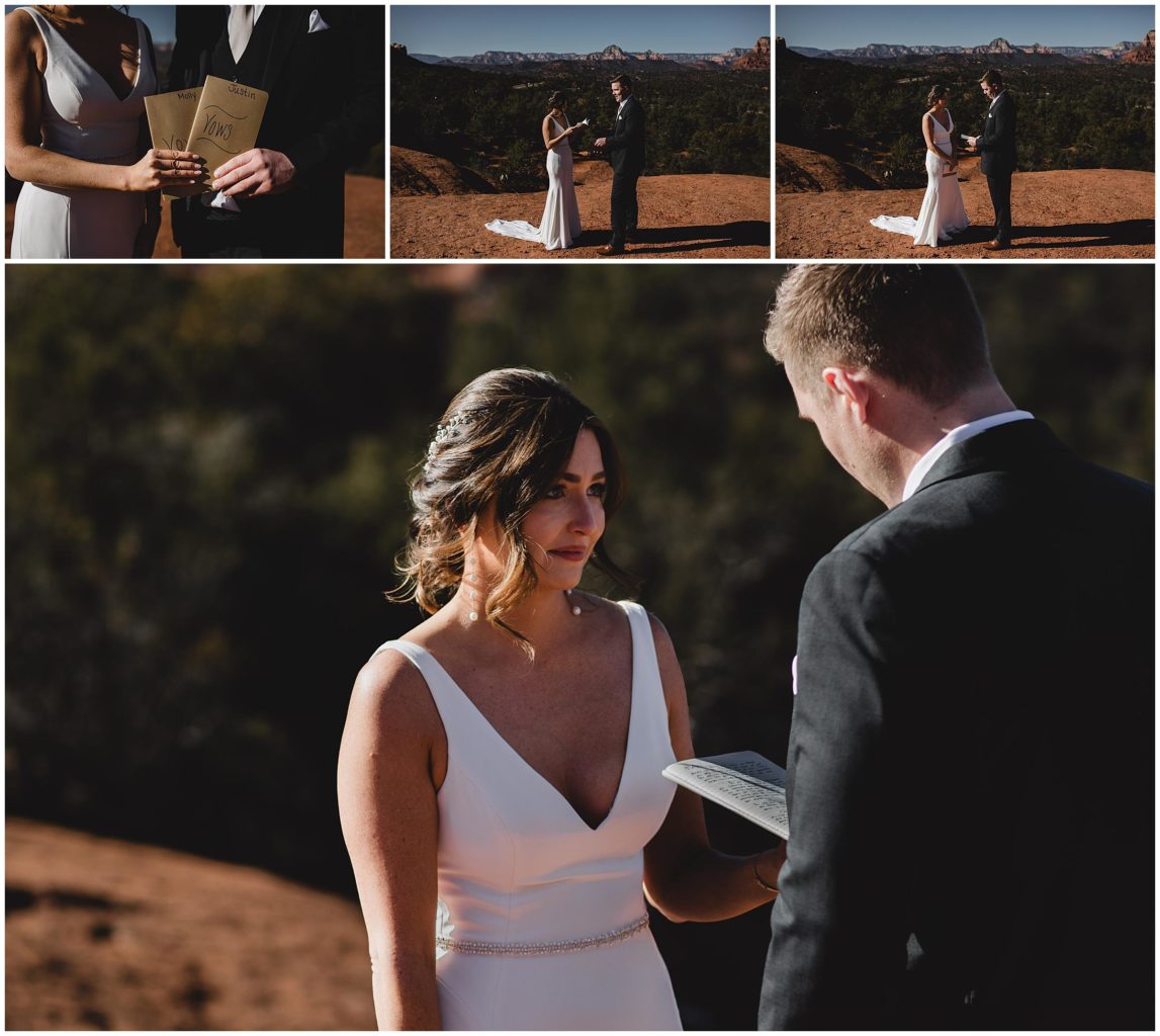 bride and groom saying their vows to eachother on Bell Rock in sedona arizona, destination wedding in sedona, destination wedding photographer, juliana montane