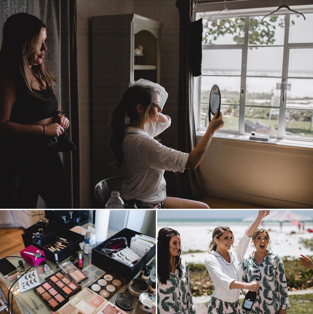 bride getting hair and makeup done with brides by kelly anne at sunset beach resort wedding