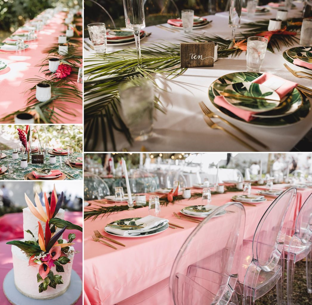 wedding reception florida-themed table details at sunset beach resort wedding