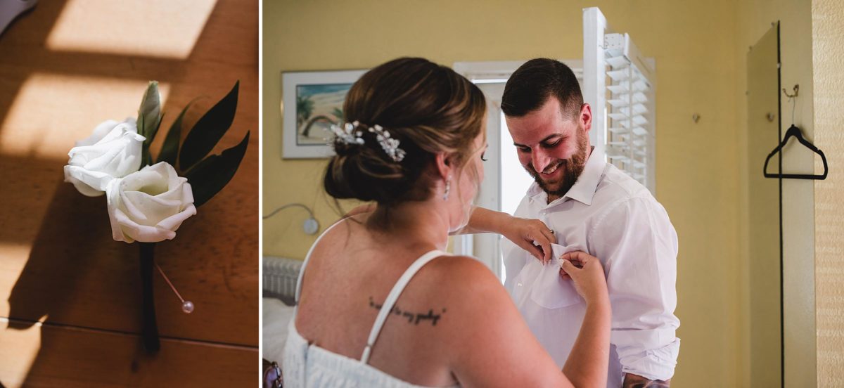 bride helping groom get ready for clearwater beach elopement photographed by juliana montane photography