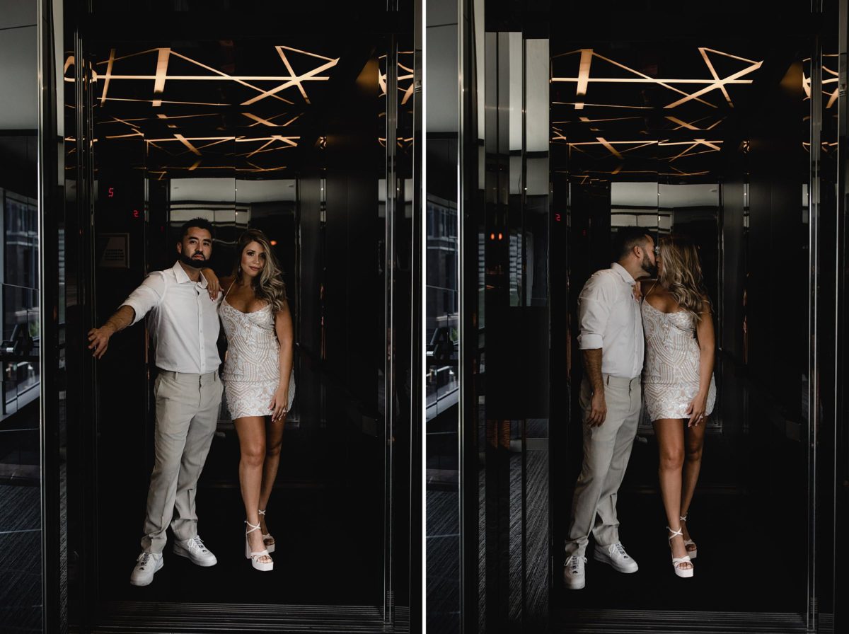 bride & groom kissing in an elevator at downtown atlanta elopement photographed by juliana montane photograhy