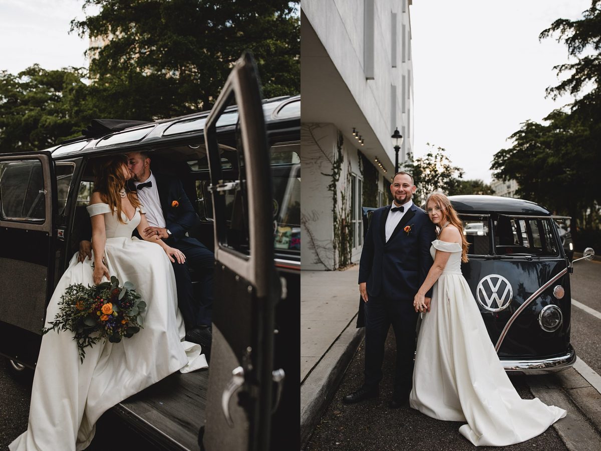 Bride & groom posing outside of a classic VW bus after downtown sarasota wedding in Florida, photographed by juliana montane photography