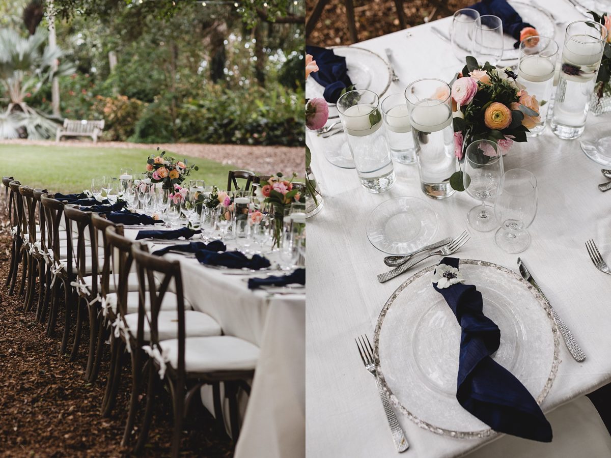 table setting at marie selby gardens wedding outside under the banyan trees