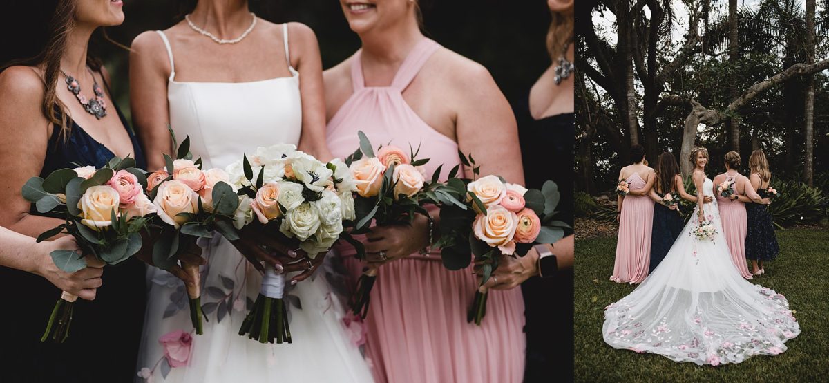 bride and bridesmaids posing in the great lawn at marie selby botanical gardens wedding