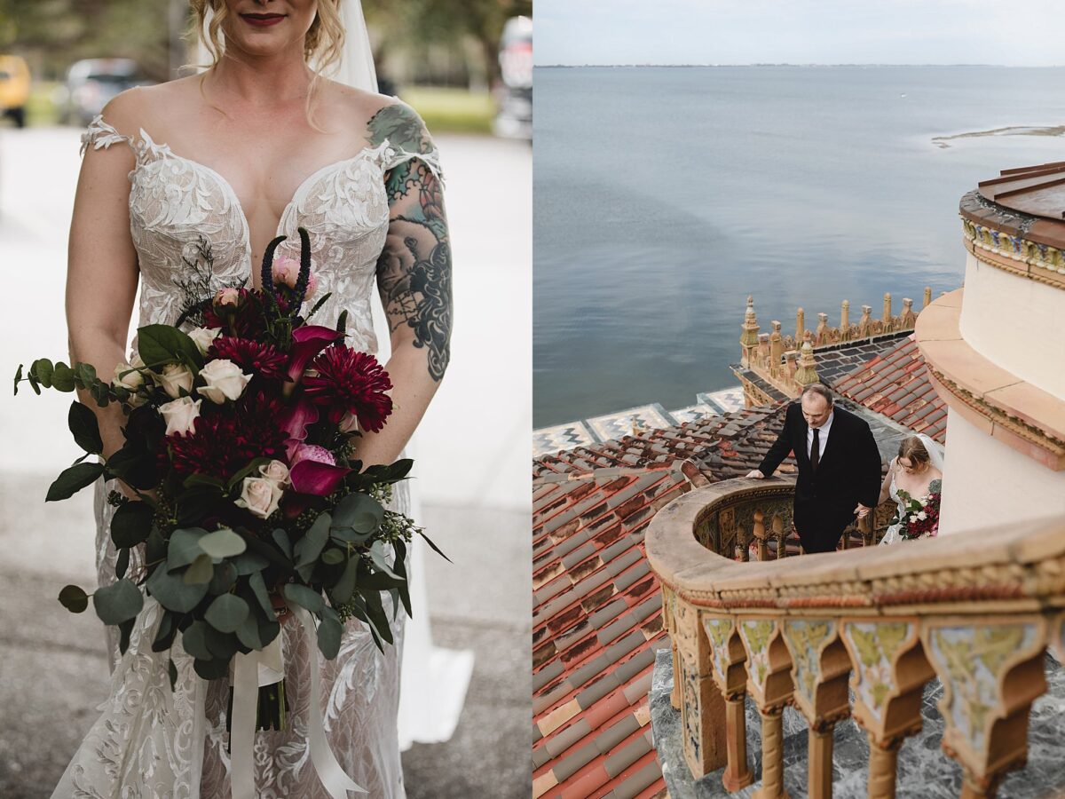 small elopement wedding in ca d'zan tower at ringling musuem with flower bouquet details, wedding photography by juliana montane photography