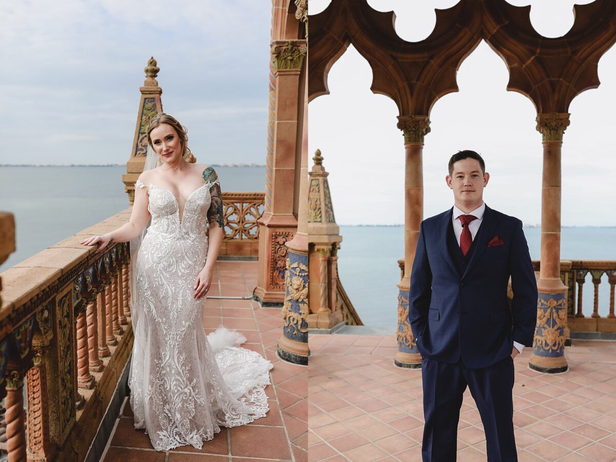 2 photos of bride and groom separately on wedding day at ca d'zan tower at ringling museum in sarasota florida, wedding photography by juliana montane photography