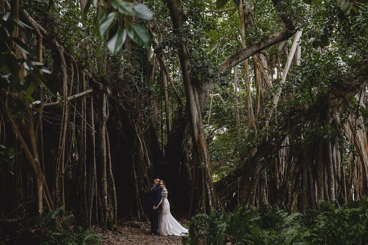 bride and groom leaning into eachother on wedding day surrounded by banyan trees at ringling museum in sarasota florida, wedding photography by juliana montane photography