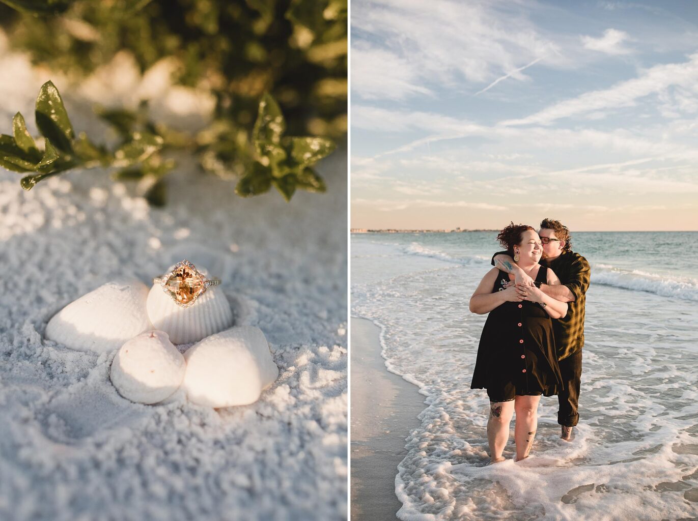 Close up photo of engagement ring and couple embracing during an engagement photoshoot on Lido Beach in Sarasota, FL. Photographed by Juliana Montane Photography.