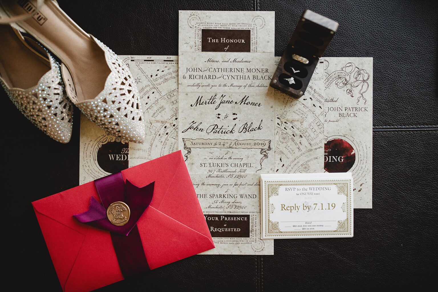 Harry Potter themed wedding invitation at lakewood ranch wedding. Photographed by Juliana Montane Photography.