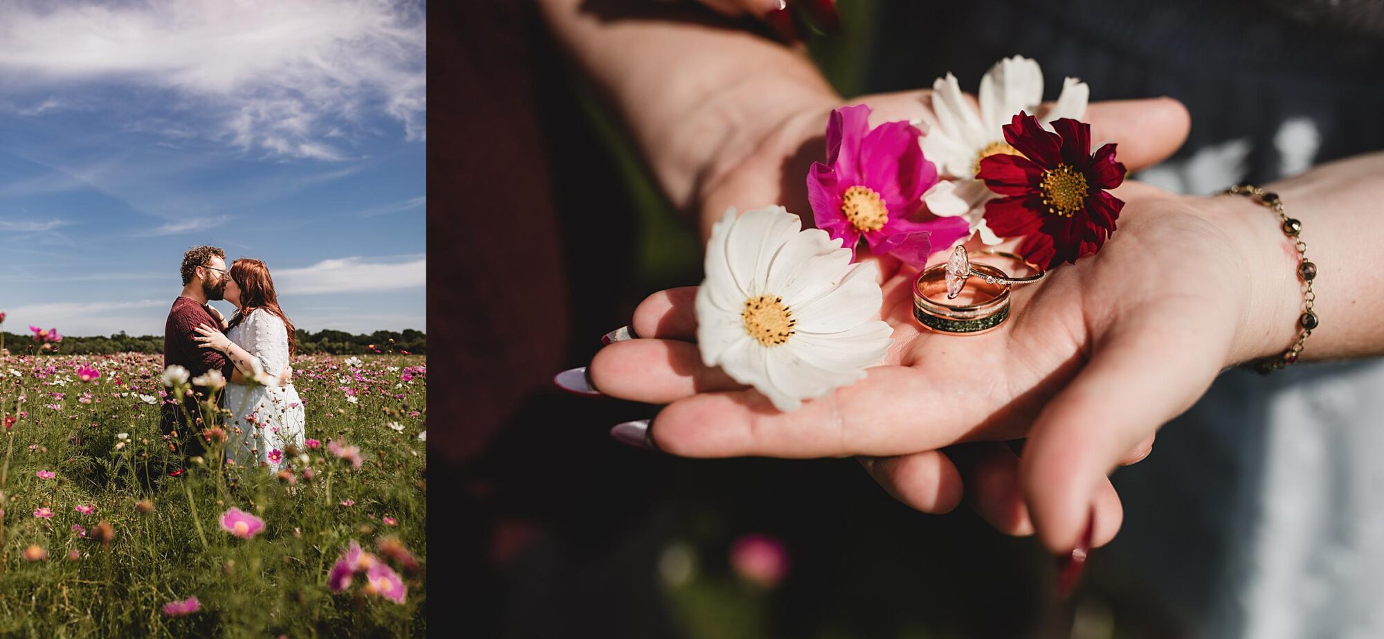 Close up of couple holding their engagement rings with small flowers after surprise proposal at Hunsader Farm. Photographed by Juliana Montane Photography.