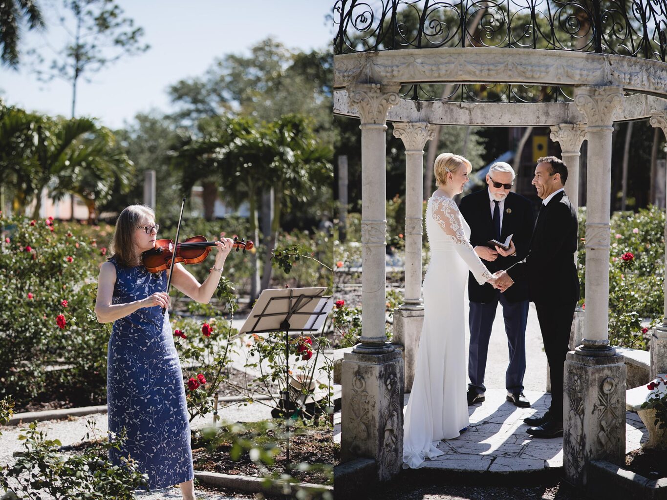 Couple holding hands while violinist plays during intimate ringling museum wedding. Photographed by Juliana Montane Photography.