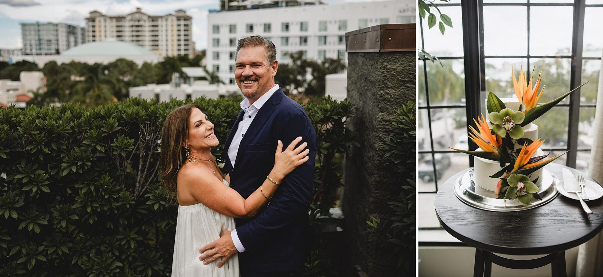 Bride & Groom laughing together and photo of wedding cake at Sage Restaurant wedding in downtown Sarasota, FL photographed by Juliana Montane Photography