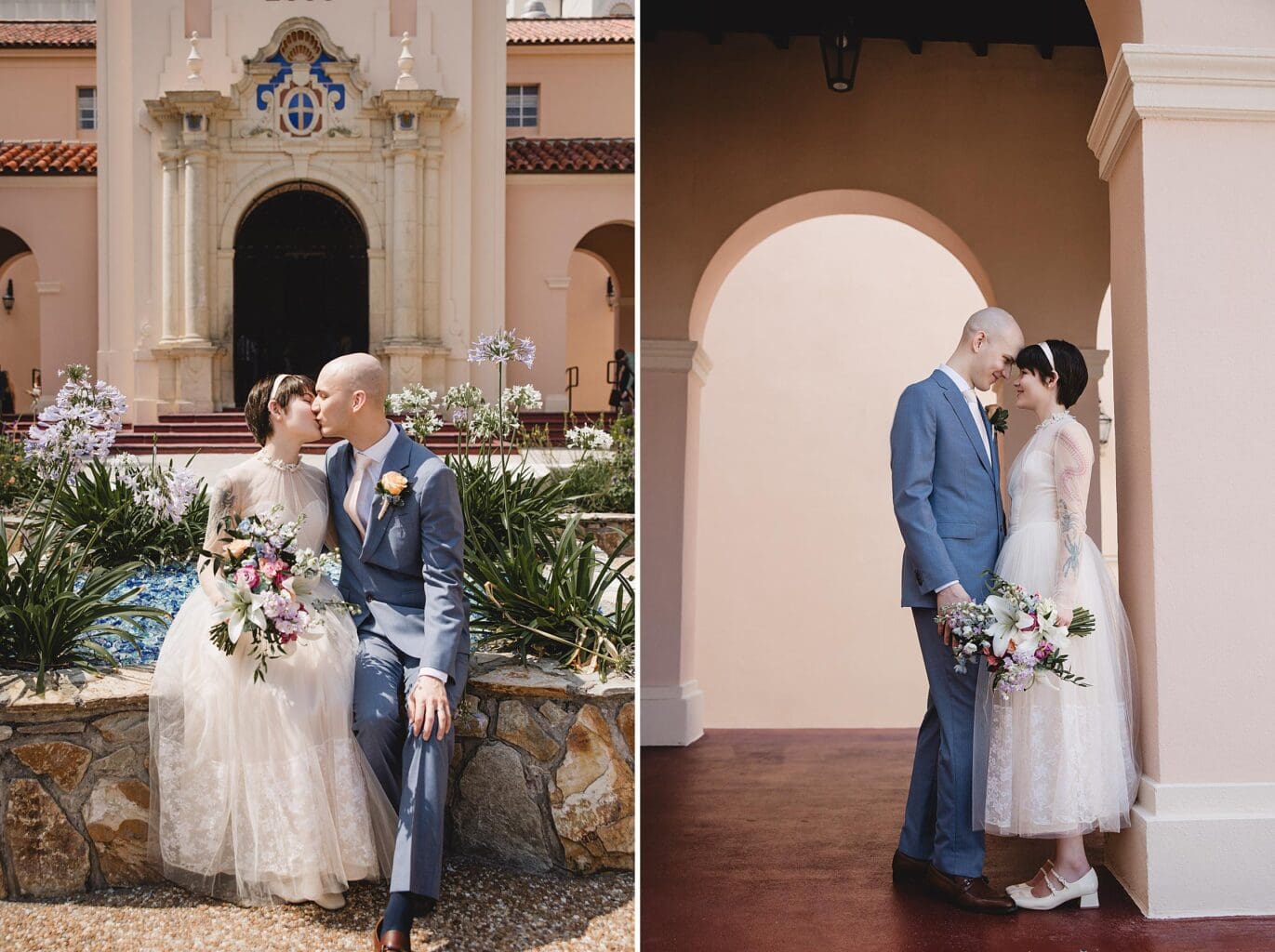Bride & Groom posing at the Sarasota Courthouse outside in the courtyard photographed by Juliana Montane Photography