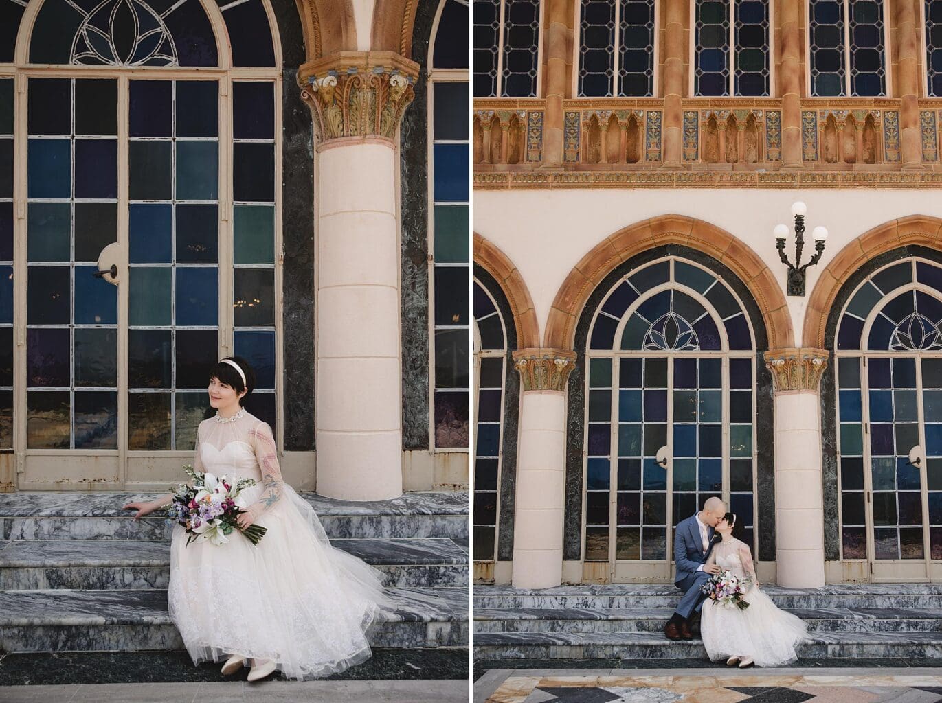 Bride & Groom posing at the back of the Ca d'Zan building at Ringling Museum in Sarasota Florida photographed by Juliana Montane Photography