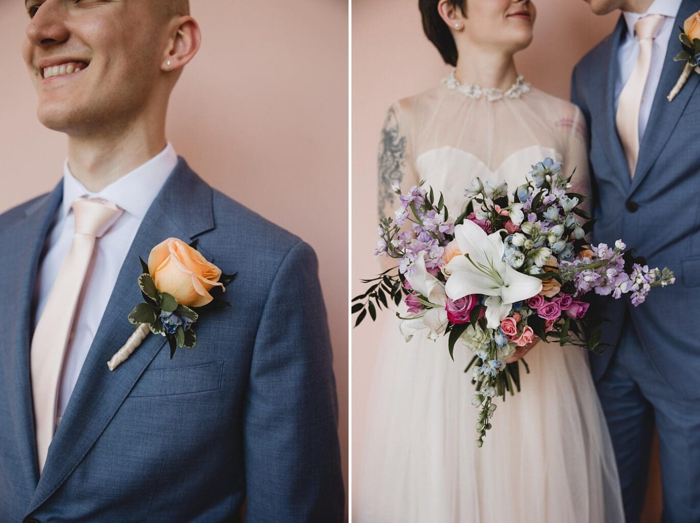Bride & Groom floral details in the pink courtyard at Ringling Museum in Sarasota Florida photographed by Juliana Montane Photography