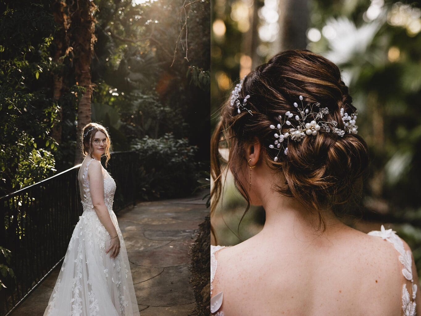 Bride with close up of bridal hair updo  at a Sunken Gardens Wedding in St. Petersburg, FL photographed by Juliana Montane Photography
