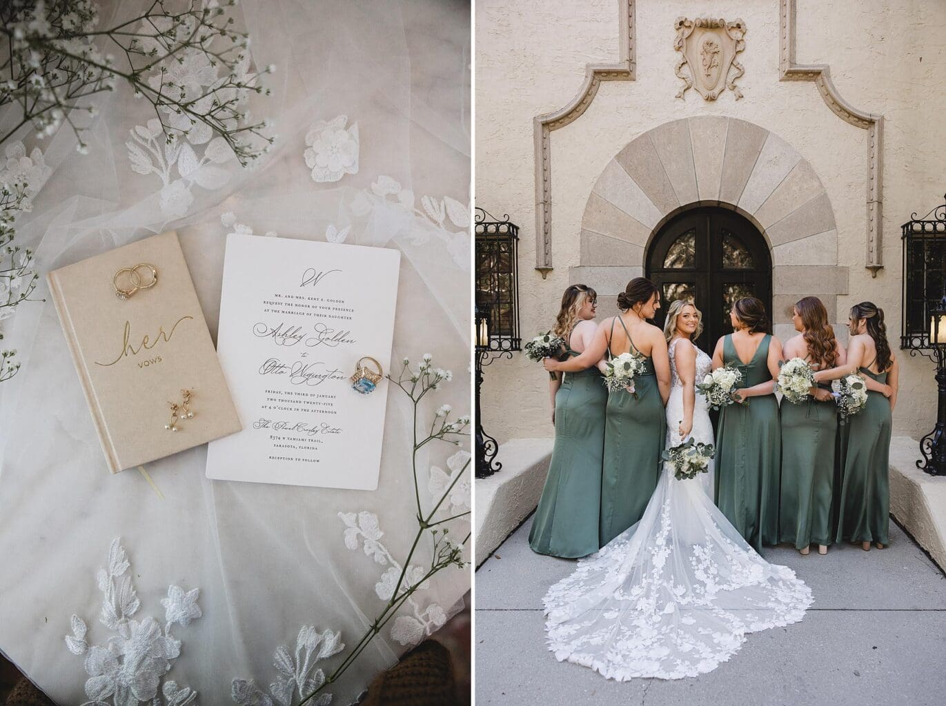Bridal Details & Bridesmaids posing in front of a door at a Crosley Mansion wedding in Sarasota Florida photographed by Juliana Montane Photography