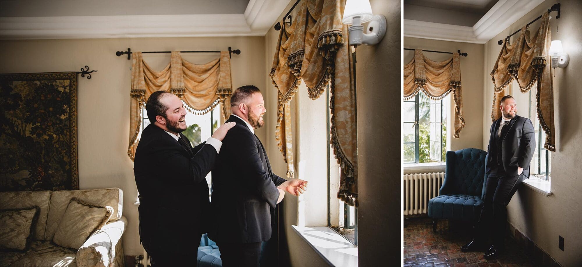 Groom getting ready in the mansion upstairs with his Best Man at a Crosley Mansion wedding in Sarasota Florida photographed by Juliana Montane Photography