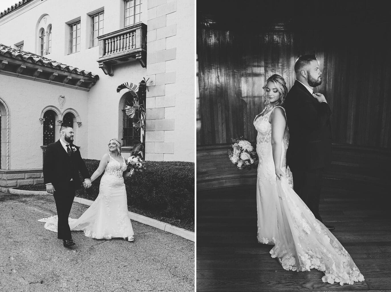 Black & White photos of Bride & Groom at a Crosley Mansion wedding in Sarasota Florida photographed by Juliana Montane Photography