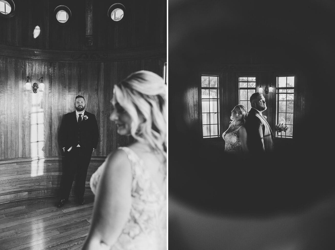 Bride & Groom posing in the Ship Room at a Crosley Mansion wedding in Sarasota Florida photographed by Juliana Montane Photography