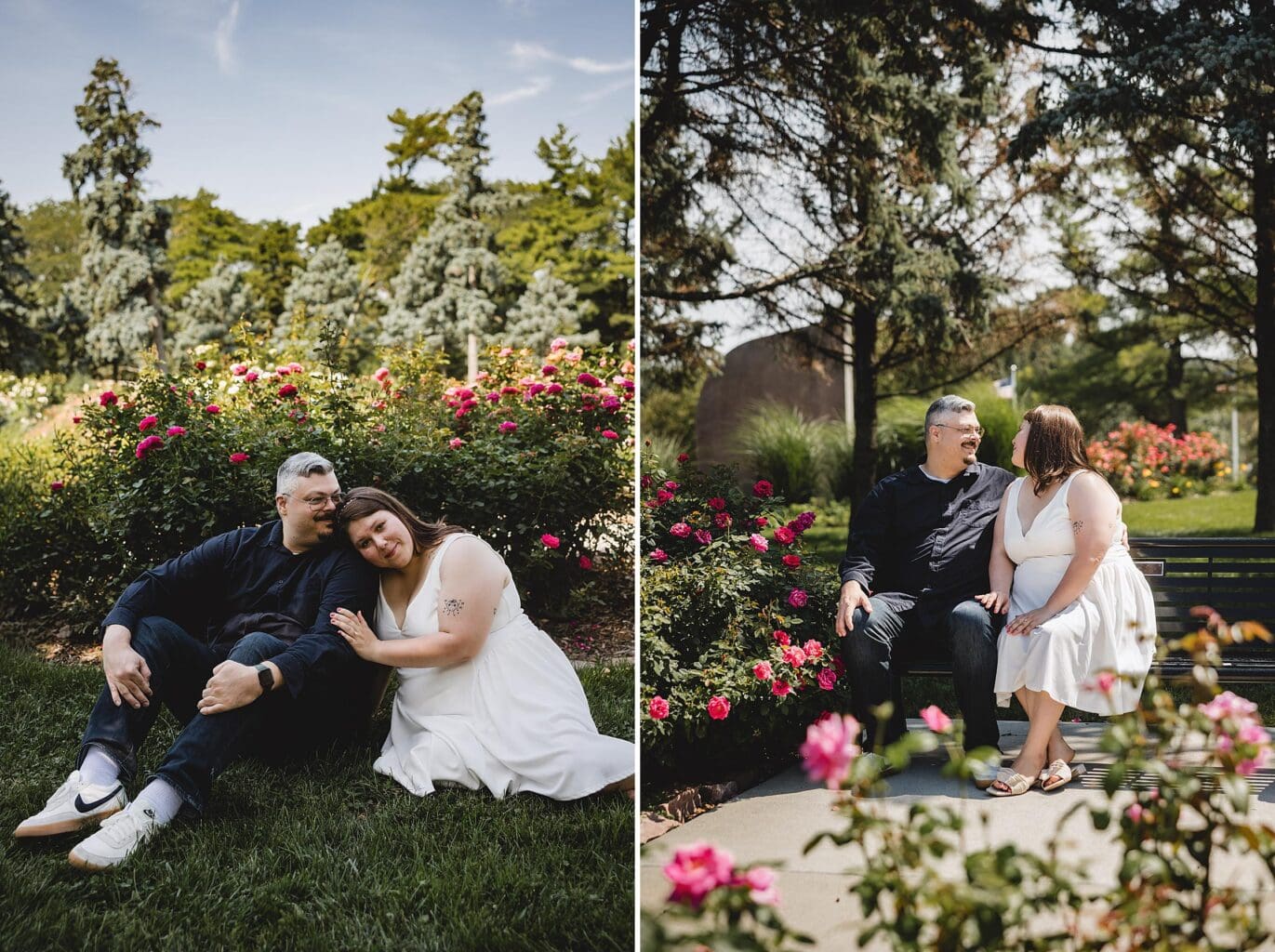 Engagement photos of couple cuddling in the rose garden in Memorial Park in Omaha, NE during engagement session photographed by Juliana Montane Photography