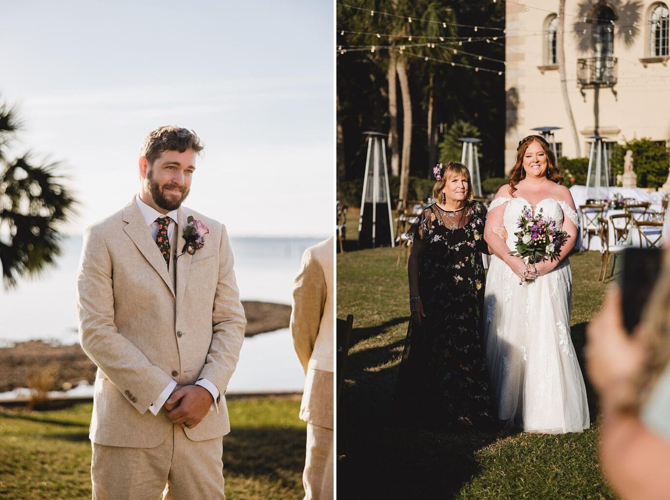 Bride and Groom looking at eachother entering the ceremony on the lawn at Powel Crosley Mansion wedding in Sarasota, FL photographed by Juliana Montane Photography
